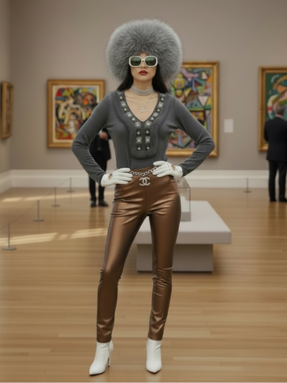 Faux Fur Feather EMBELLISHED TOP gems v-neck beading bling​ grey knit jersey